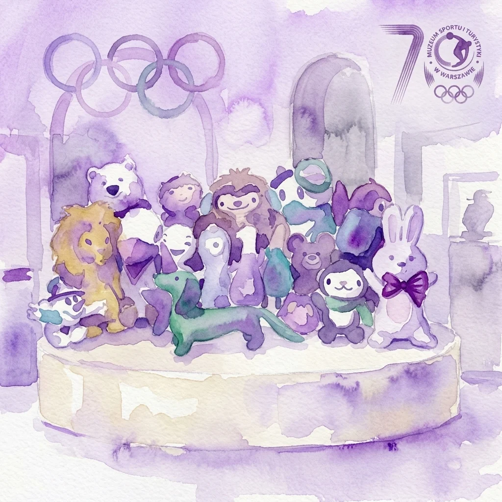Een aquarelillustratie van verschillende Olympische mascottes, waaronder Waldi de teckel, tentoongesteld op een sokkel met de Olympische ringen en het logo van het Museum van Sport en Toerisme in Warschau.