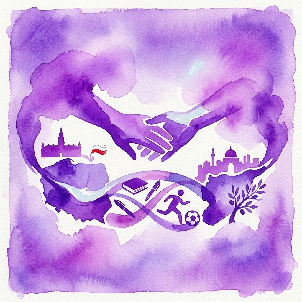 Fioletowa ilustracja akwarelowa przedstawiająca dwie dłonie podające sobie ręce nad stylizowaną mapą Polski i Syrii, z symbolami edukacji i sportu, reprezentująca inicjatywę Mazowsze dla Syrii.