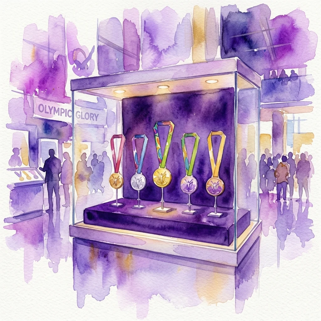Een aquarelillustratie van vijf Olympische medailles tentoongesteld in een vitrine in het Museum van Sport en Toerisme in Warschau, onderdeel van de tentoonstelling over de Olympische prestaties van Justyna Kowalczyk-Tekieli.