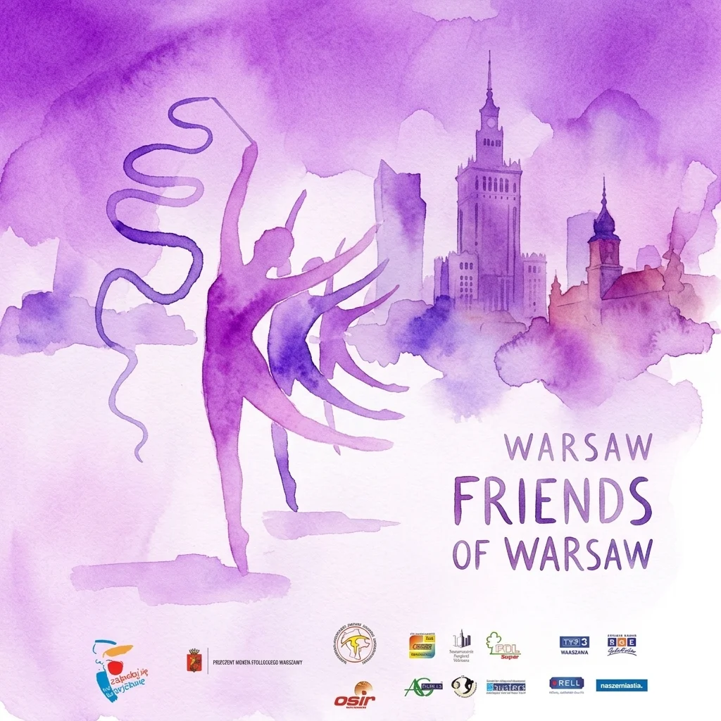 Watercolor illustration of rhythmic gymnasts performing with ribbons, set against a backdrop of Warsaw's skyline featuring the Palace of Culture and Science, promoting the International Tournament 'Friends of Warsaw'.
