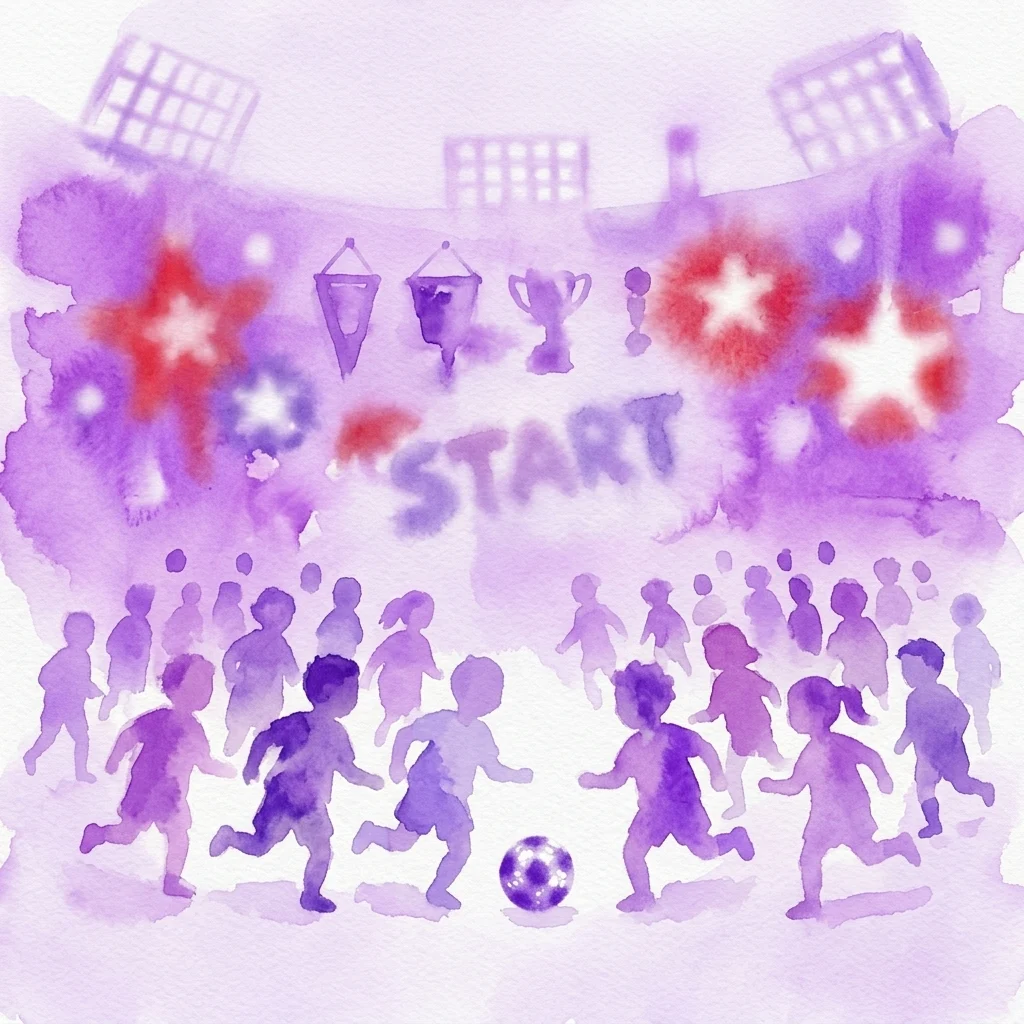 Ilustracja akwarelowa przedstawiająca dzieci biegnące w stronę piłki nożnej pod znakiem 'START', z trofeami i gwiazdami, promująca świąteczne wydarzenie sportowe z okazji Dnia Świętego Mikołaja.