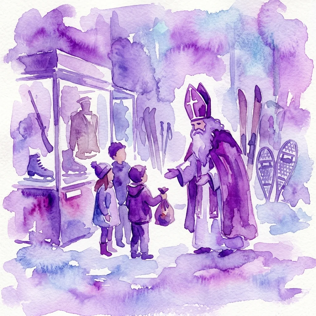 Een aquarelillustratie van Sint-Nicolaas die met kinderen interageert in een museumsetting, omringd door wintersportuitrusting zoals ski's, sneeuwschoenen en schaatsen, wat een feestelijk vakantie-evenement oproept.