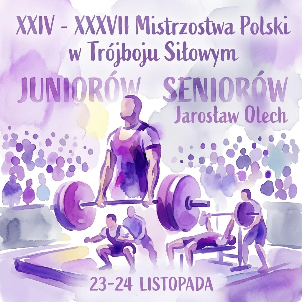 Watercolor illustration of the XXIV-XXXVII Polish Powerlifting Championships for Juniors and Seniors, featuring athletes lifting weights in a competition setting with spectators.