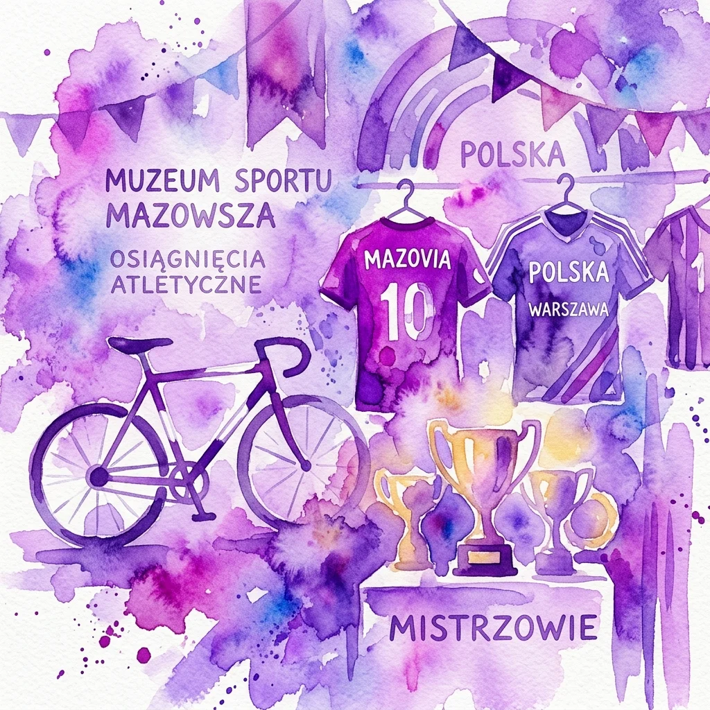 Watercolor illustration of a museum exhibition featuring sports memorabilia including a bicycle, football jerseys, and trophies, celebrating athletes from Mazovia, Poland.