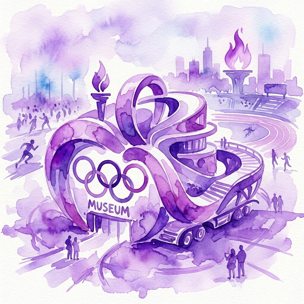 Een paarse aquarelillustratie van een mobiel museumconcept met de Olympische ringen, fakkels en een stadsgezicht, ontworpen voor de Olympische Spelen.