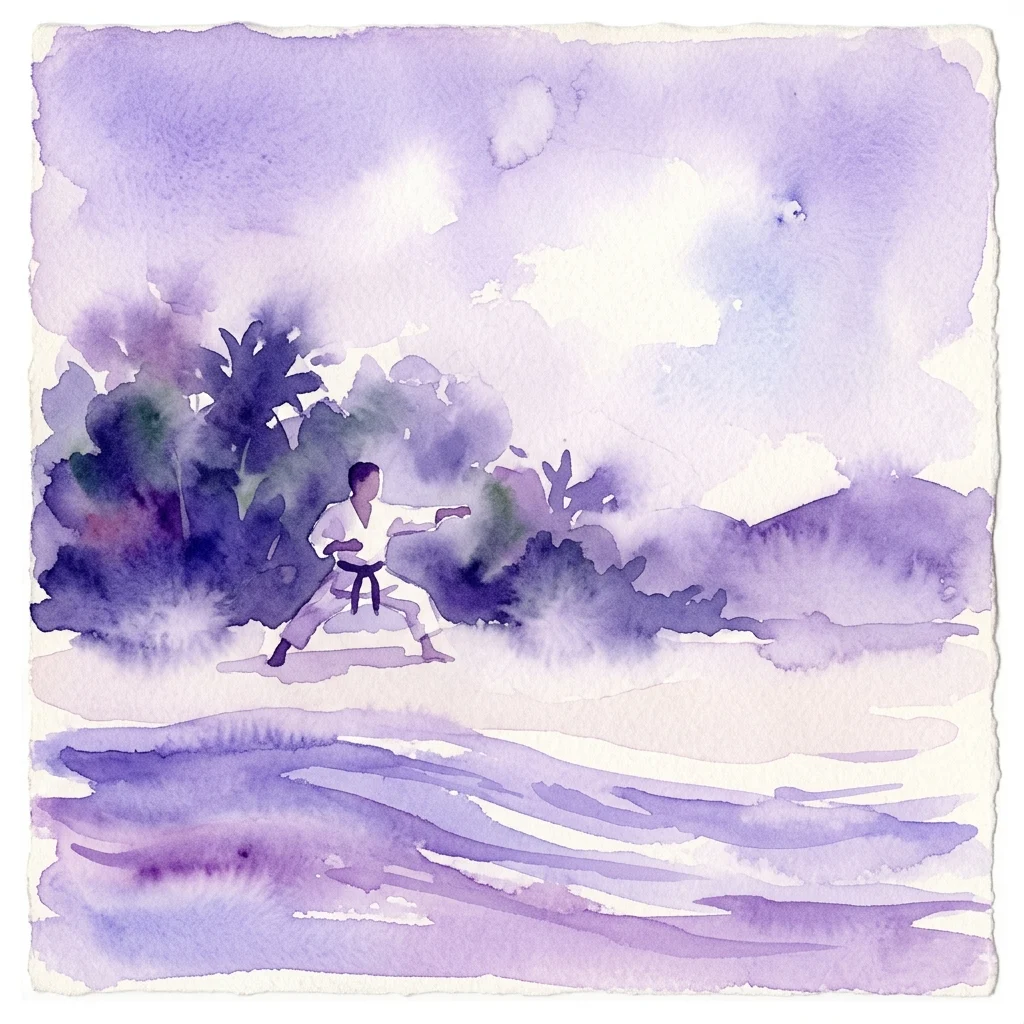 Een aquarel van een karatebeoefenaar in een witte gi die een houding aanneemt op een strand, met palmbomen en oceaangolven op de achtergrond onder een paarsgekleurde hemel.