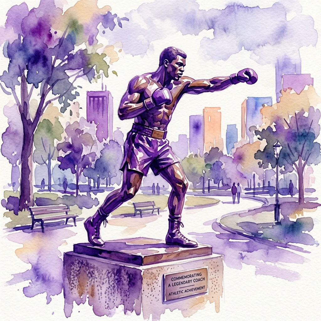 Estatua de bronce de un boxeador en movimiento, conmemorando al legendario entrenador Feliks Stamm en un parque de la ciudad, con una placa que dice 'Conmemorando un logro atlético de un entrenador legendario'.