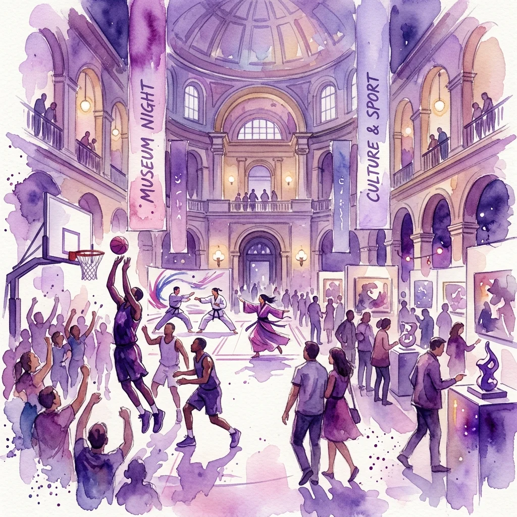 Ilustracja akwarelowa Nocy Muzeów 2016, przedstawiająca wielką salę z odwiedzającymi grającymi w koszykówkę, uprawiającymi sztuki walki i oglądającymi wystawy sztuki pod banerami z napisami 'Noc Muzeów' i 'Kultura i Sport'.