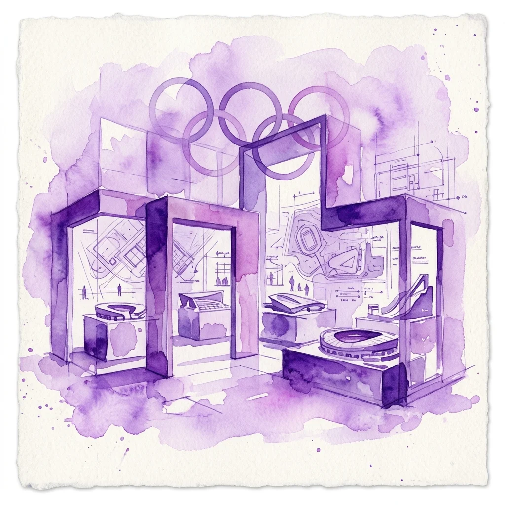 Een aquarelillustratie van een mobiele tentoonstellingsruimte met modulaire eenheden die architectonische modellen van Olympische locaties tentoonstellen, tegen een achtergrond van blauwdrukken en de Olympische ringen.