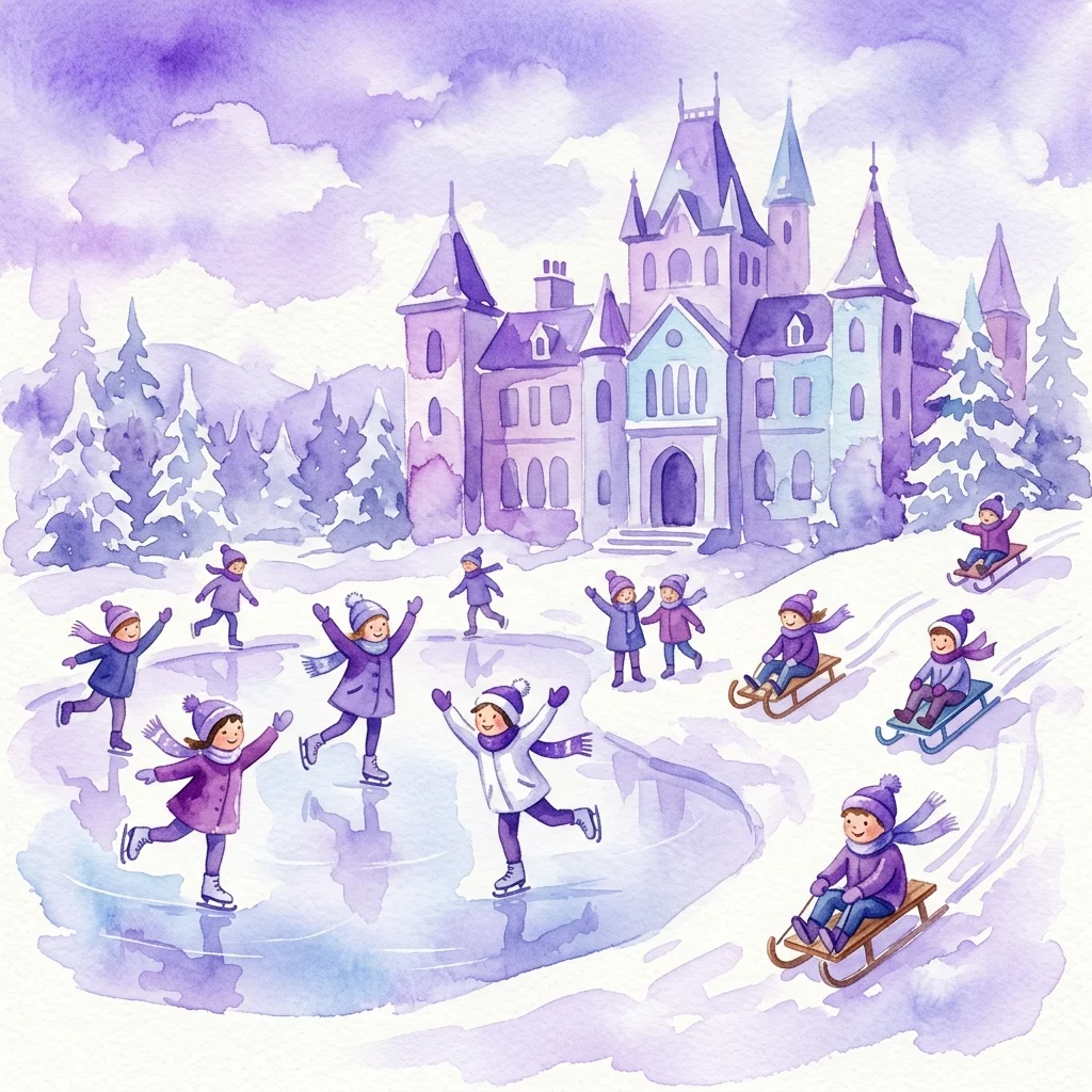 Kinderen genieten van winterse activiteiten zoals schaatsen en sleeën voor een gestileerd museumgebouw, onderdeel van het 'Muzealna Zima w Mieście' evenement in het Museum van Sport en Toerisme in Warschau.