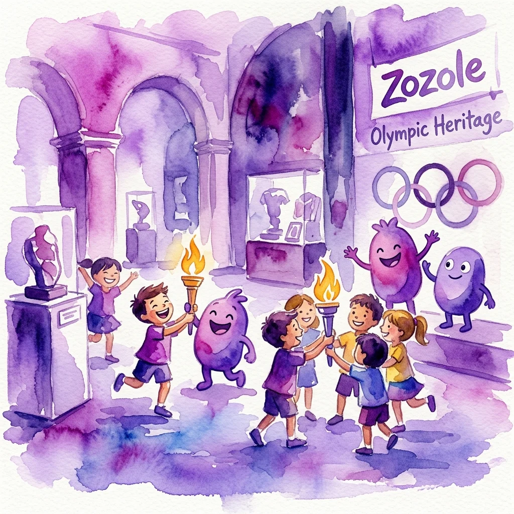 Kinderen die zich verheugen over interactie met cartoonfiguren en Olympische fakkels in een museumgalerij, onderdeel van het evenement 'Muzealne Lato w Mieście z Zozolami!' ter viering van de Olympische erfgoed.