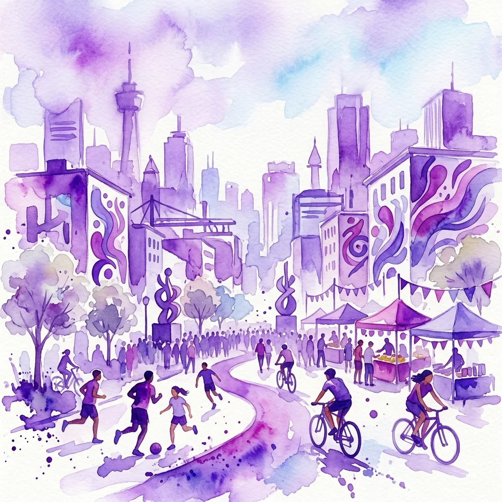 Żywa ilustracja akwarelowa miejskiego krajobrazu z ludźmi biegającymi, jeżdżącymi na rowerze i grającymi w piłkę nożną, z artystycznymi muralami i namiotami festiwalowymi, reprezentująca wydarzenie „Letnia Museums w Mieście”.