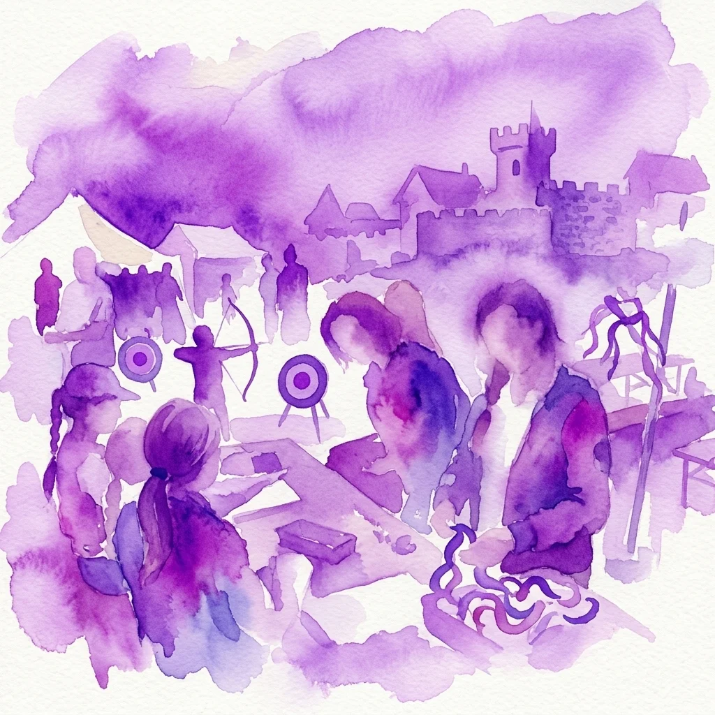 Una ilustración en acuarela púrpura de familias participando en actividades de tiro con arco y manualidades en un festival de temática medieval, con un castillo de fondo, que representa el Museo del Deporte en el Picnic Olímpico de 2016.
