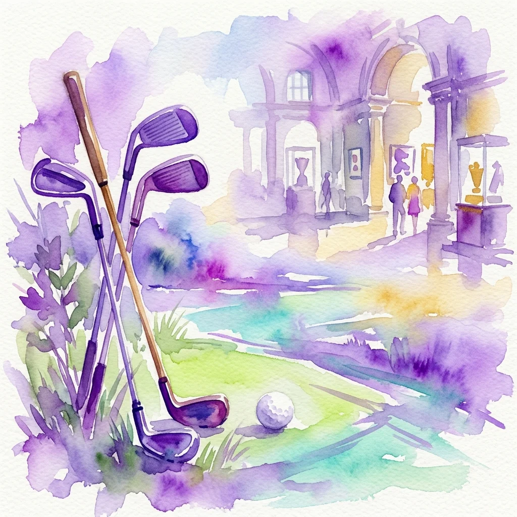 Ilustracja akwarelowa przedstawiająca kije golfowe i piłkę golfową na polu golfowym, z galerią muzealną w tle, promująca wystawę 'Our Passion is Golf' w Muzeum Sportu w Warszawie.