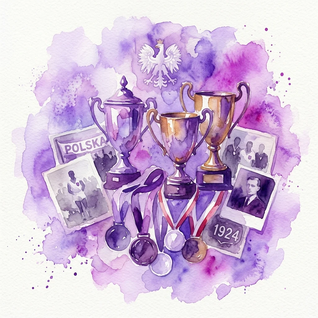 Watercolor illustration of vintage sports trophies, medals, photographs, and the Polish eagle emblem, celebrating Polish sports heritage and history.