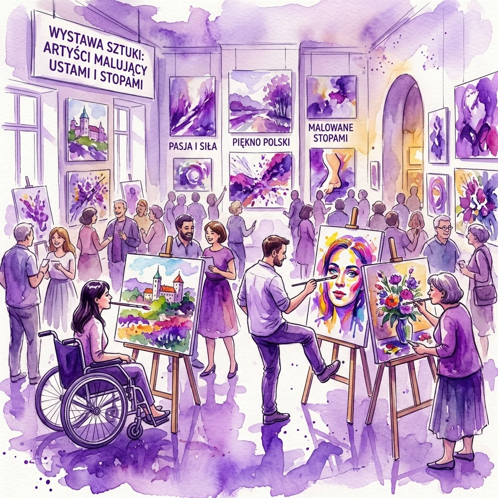 Artistas que pintan con la boca y los pies en una galería de museo, exhibiendo la exposición 'Nie inaczej' con diversas obras de arte que incluyen paisajes, retratos y naturalezas muertas.