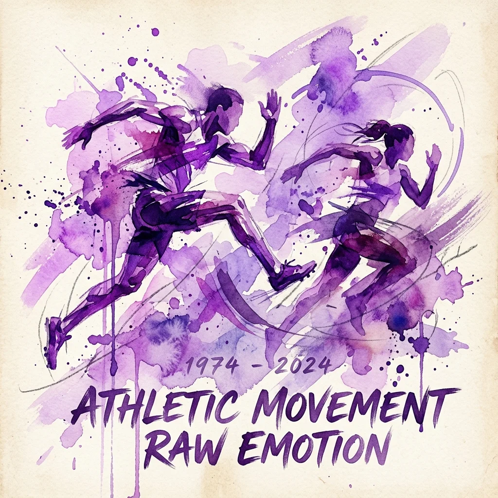 Akwarelowa grafika przedstawiająca dynamiczne sylwetki sportowców w ruchu, wykonana w odcieniach fioletu z rozpryskami i teksturą papieru archiwalnego, zatytułowana 'Athletic Movement Raw Emotion' i datowana 1974-2024.