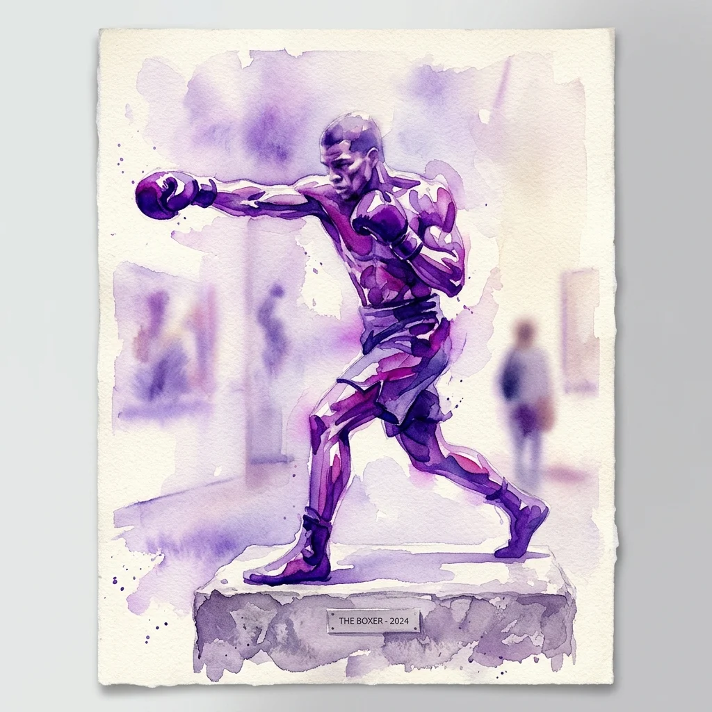 Akwarela przedstawiająca boksera w trakcie zadawania ciosu, zatytułowana 'The Boxer - 2024', wyeksponowana na postumencie w odcieniach fioletu i bieli.