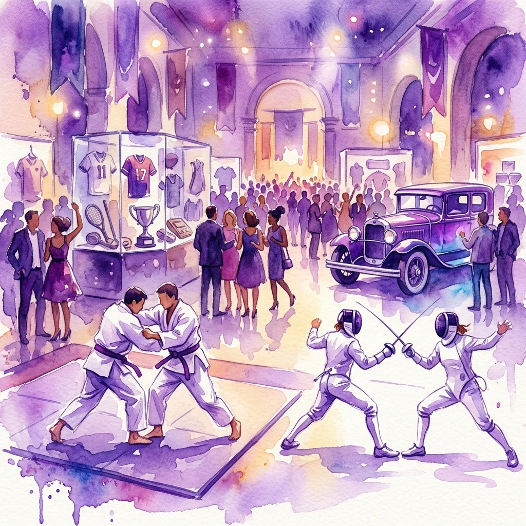 Ilustracja akwarelowa tętniącego życiem muzealnego wydarzenia nocnego z pokazami judo i szermierki, zabytkowymi samochodami, pamiątkami sportowymi i tłumami świętującymi Noc Muzeów 2014 w Muzeum Sportu i Turystyki w Warszawie.