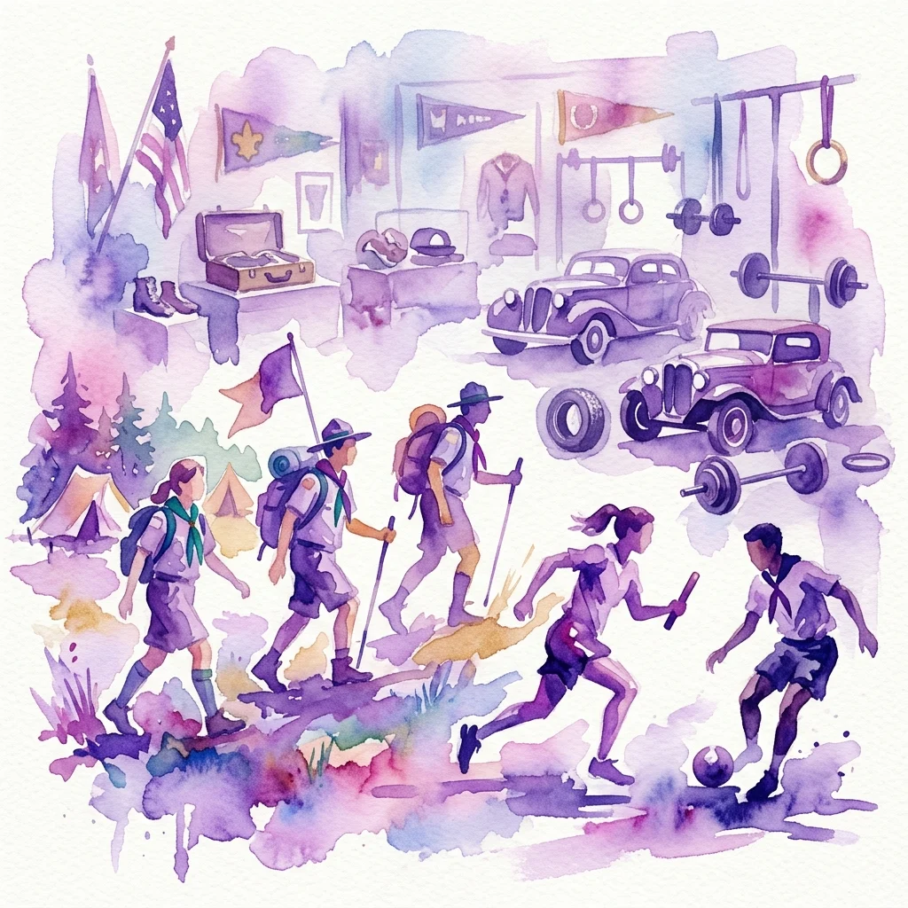 Ilustracja akwarelowa przedstawiająca harcerzy wędrujących i uprawiających sporty, otoczonych zabytkowymi samochodami, sprzętem fitness i artefaktami muzealnymi, upamiętniająca Noc Muzeów 2017 w Muzeum Sportu i Turystyki.