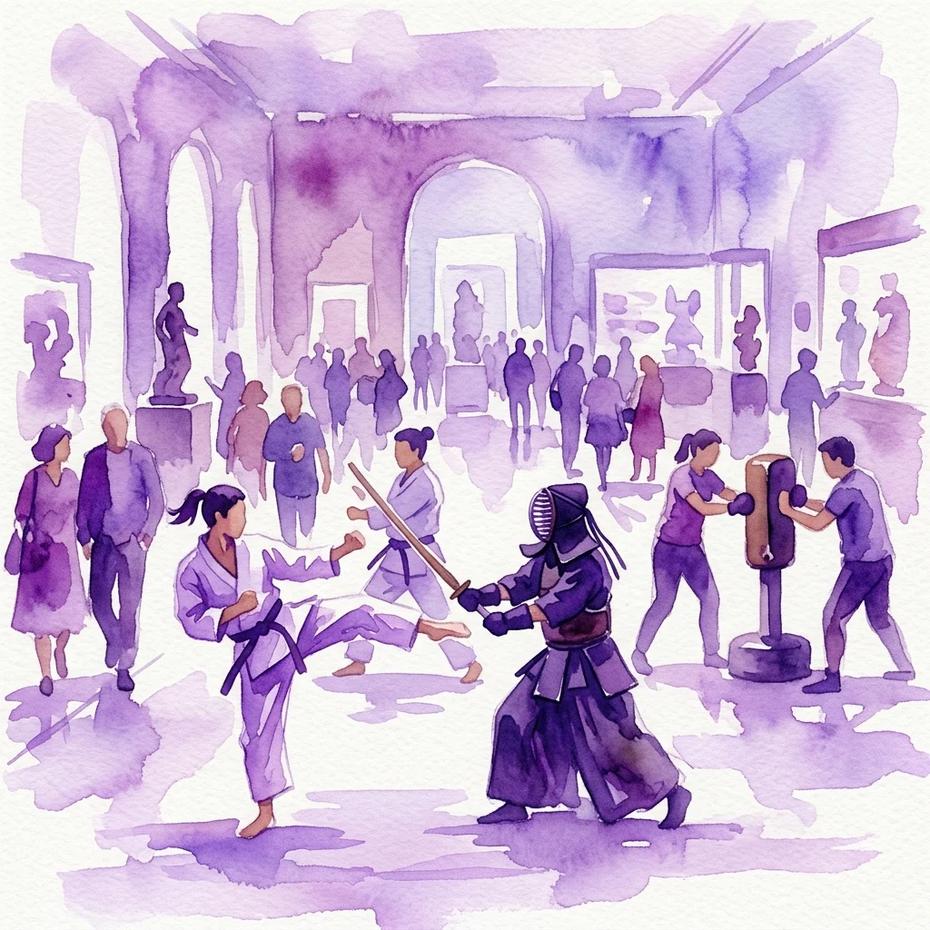 Ilustracja akwarelowa demonstracji sztuk walki w Muzeum Sportu i Turystyki podczas Noc Muzeów 2018, przedstawiająca uczestników karate i kendo ćwiczących w obecności zwiedzających w galerii muzealnej.