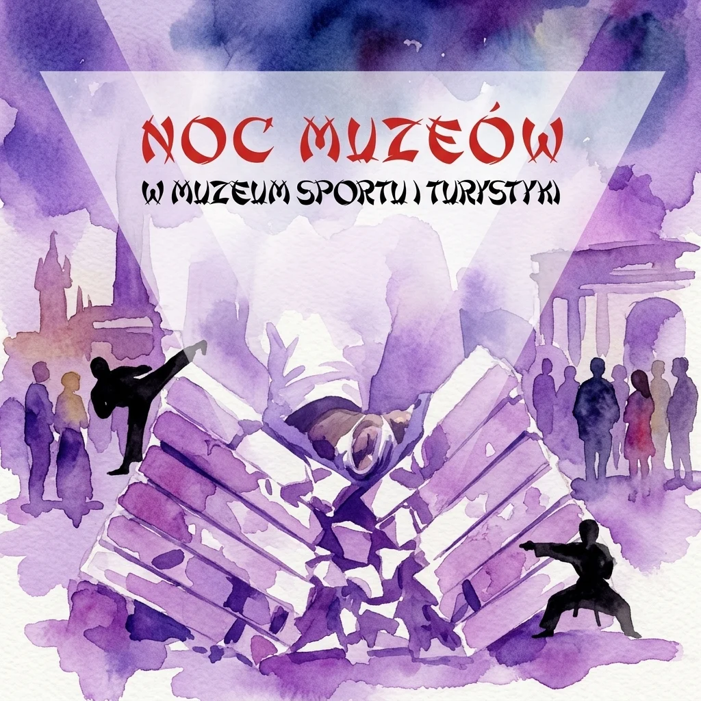 Artystyczna ilustracja akwarelowa na Noc Muzeów 2019 w Muzeum Sportu i Turystyki, przedstawiająca sylwetki osób uprawiających sporty walki i aktywności sportowe na fioletowo-białym tle.