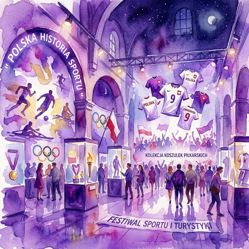 Een levendige aquarelillustratie van het Museum van Sport en Toerisme tijdens Noc Muzeów 2025, met tentoonstellingen over de Poolse sportgeschiedenis, Olympische memorabilia en een collectie voetbalshirts onder een sterrenhemel.