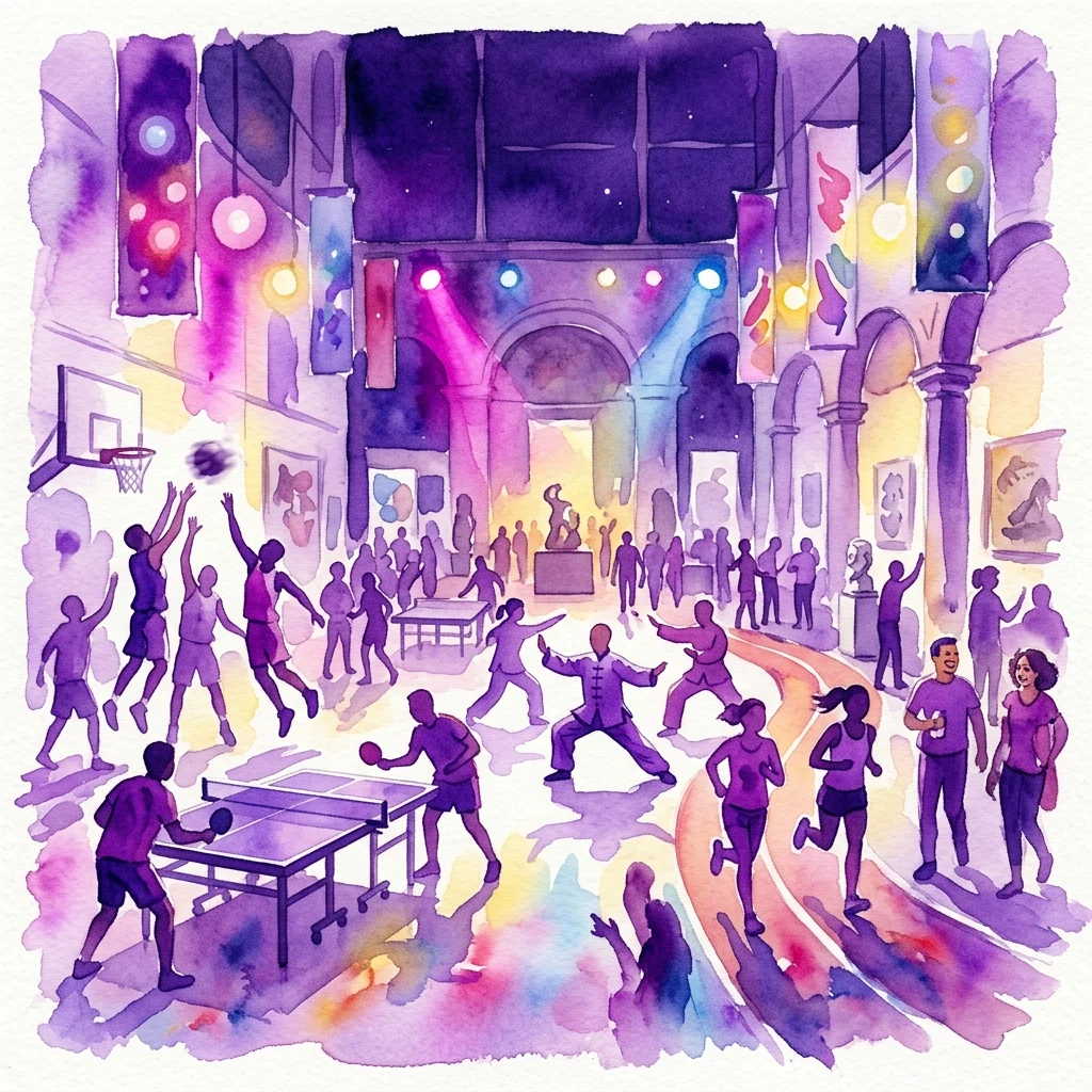 Żywa ilustracja akwarelowa przedstawiająca nocne wydarzenie w muzeum z ludźmi biorącymi udział w różnych aktywnościach sportowych, takich jak tenis stołowy, koszykówka i sztuki walki, pod kolorowymi reflektorami i nastrojowym oświetleniem.