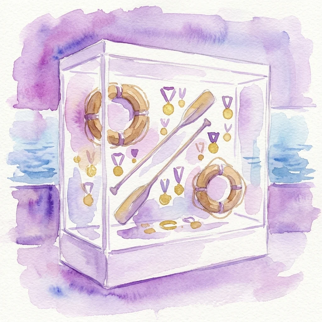 Een aquarelillustratie van een vitrine met historische artefacten van de Water Volunteer Rescue Service (WOPR), waaronder houten reddingsboeien, peddels en talrijke gouden medailles.