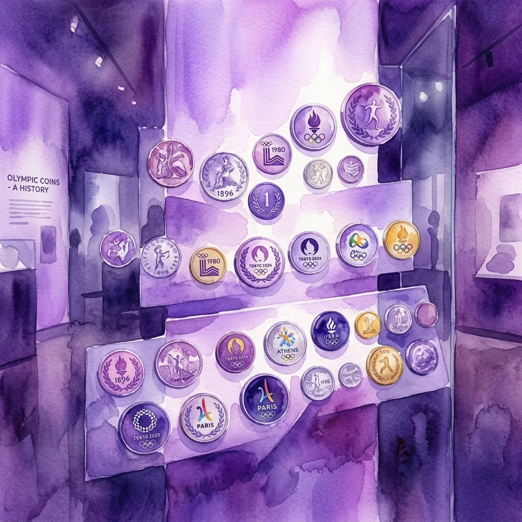 Una ilustración en acuarela de monedas olímpicas de varios Juegos, incluyendo Helsinki 1952, Tokio 2020 y París 2024, expuestas en una exhibición de museo con iluminación púrpura.