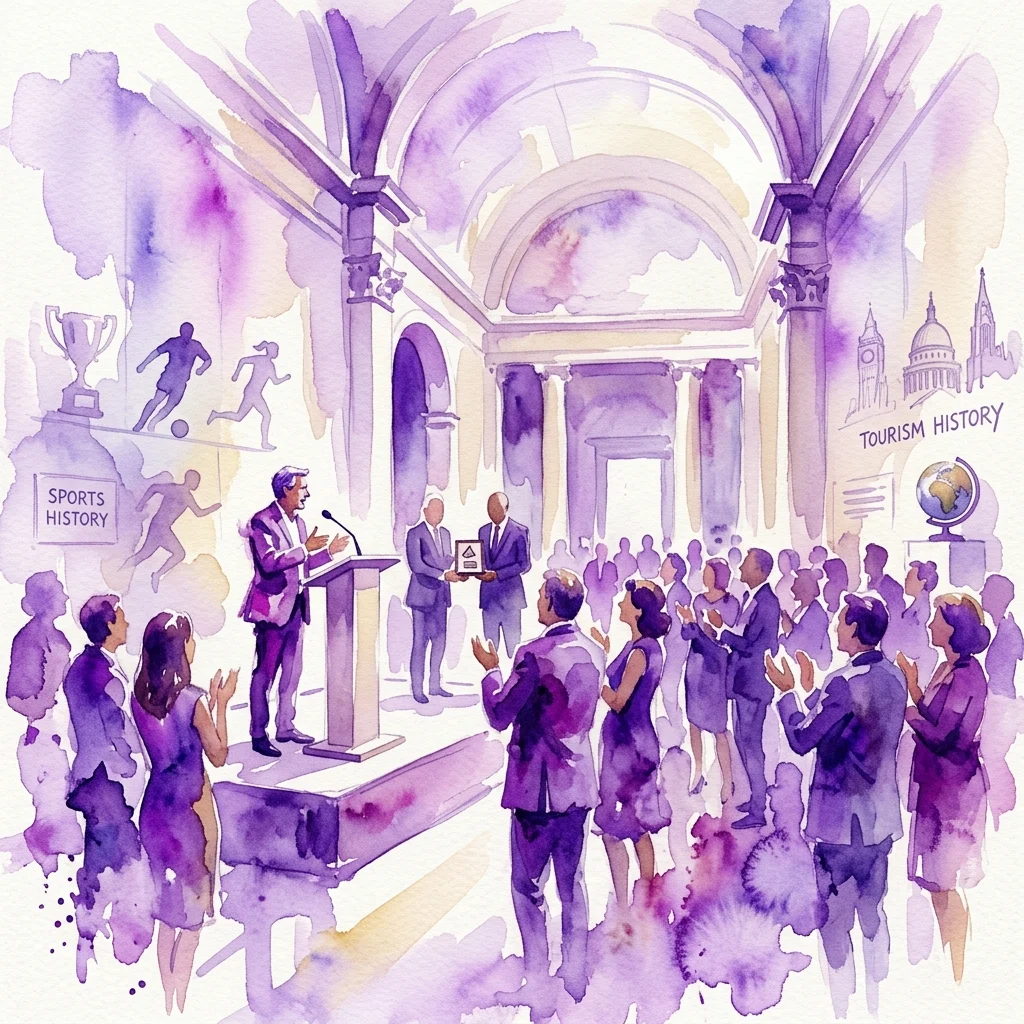 Una ilustración en acuarela de un evento de celebración en un salón de museo, con un orador en un podio, invitados recibiendo premios y elementos de fondo que representan la historia del deporte y el turismo.