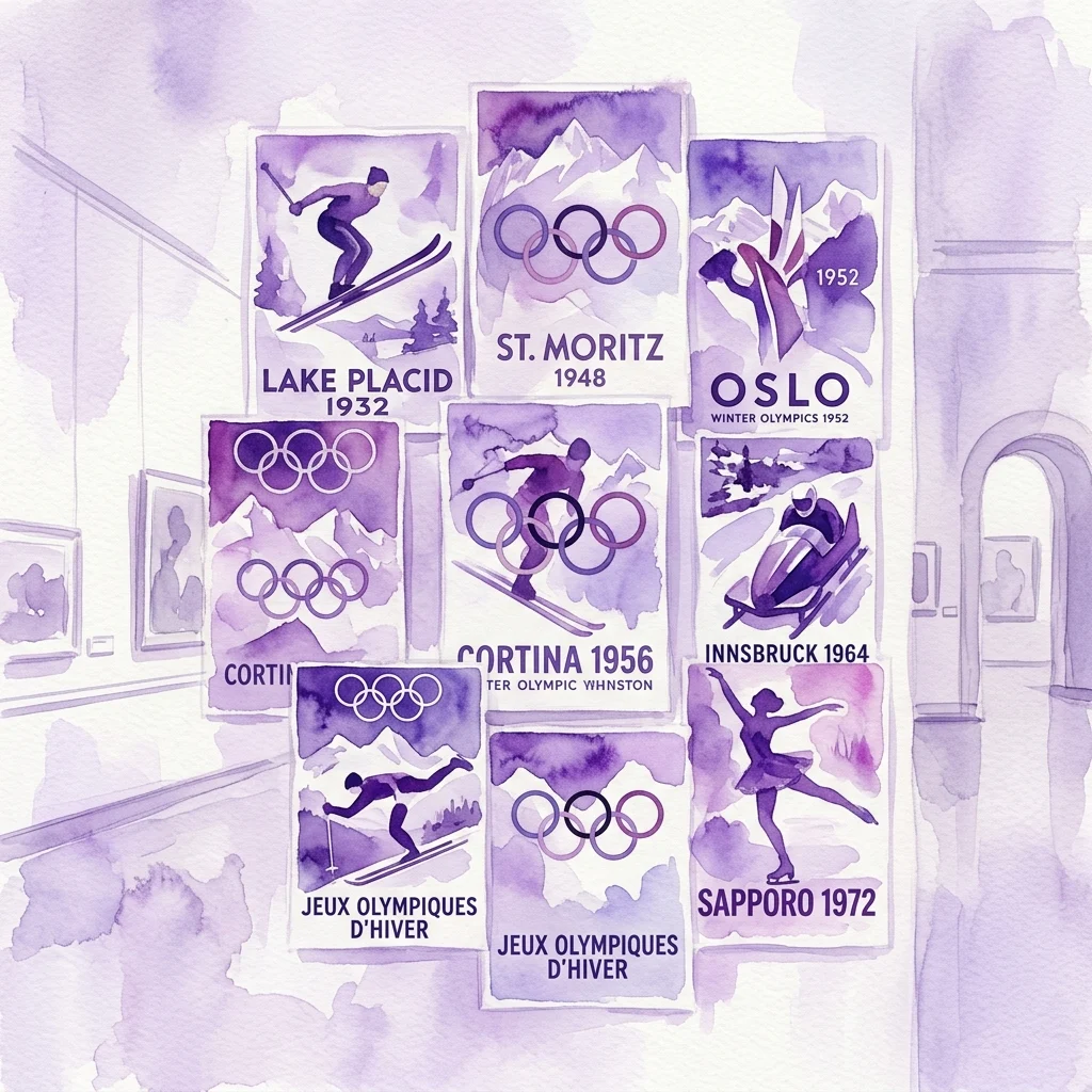 Una ilustración en acuarela de carteles vintage de los Juegos Olímpicos de Invierno de 1932 a 1972, expuestos en una galería de museo, que muestran la evolución del diseño olímpico y la historia de los deportes de invierno.
