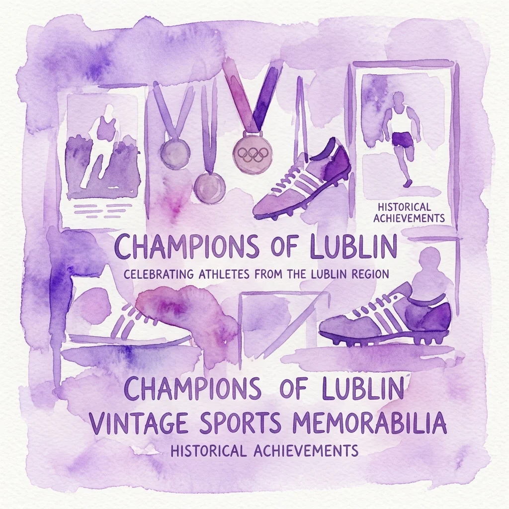 Ilustracja akwarelowa vintage'owych pamiątek sportowych, w tym medali olimpijskich, butów sportowych i zdjęć historycznych, celebrująca sportowców z regionu lubelskiego.