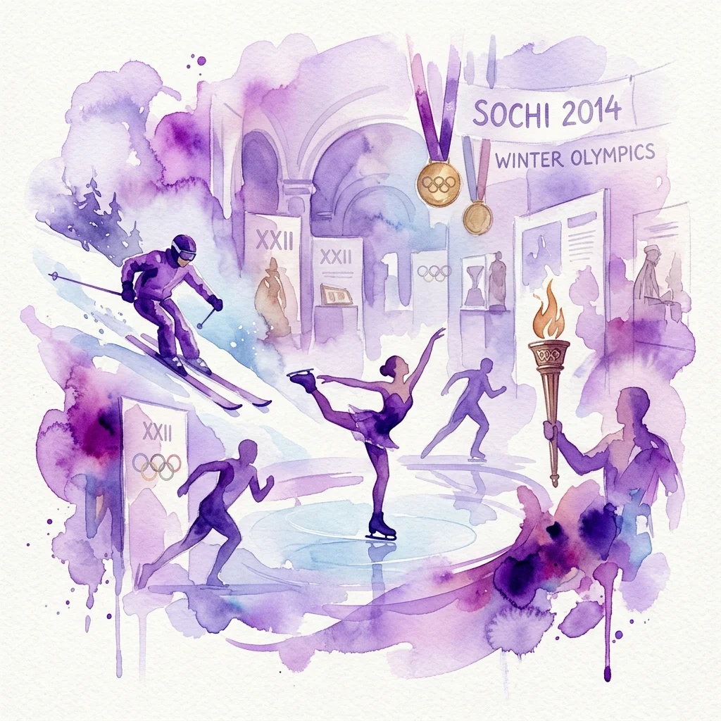 Ilustración en acuarela de deportes olímpicos de invierno, incluyendo esquí, patinaje artístico y relevos de antorcha, celebrando los Juegos Olímpicos de Invierno de Sochi 2014 y el 90 aniversario de los Juegos de Invierno.