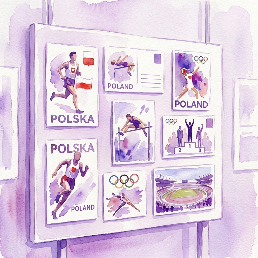 Ilustración en acuarela de postales olímpicas vintage del Museo de Deporte y Turismo de Varsovia, con atletas polacos, los anillos olímpicos y el texto 'Polska' y 'Poland', conmemorando el 100 aniversario del Comité Olímpico Polaco.