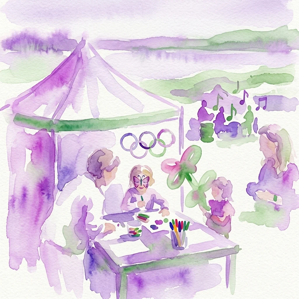 Ilustracja akwarelowa przedstawiająca dzieci biorące udział w rękodziele i grach o tematyce olimpijskiej w namiocie muzealnym podczas Olsztyn Green Festival, z muzyką i jeziorem w tle.