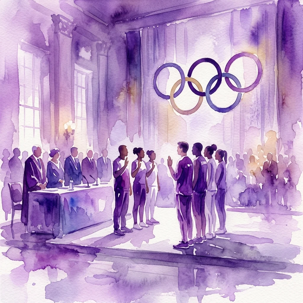 Ilustracja akwarelowa przedstawiająca sportowców składających przysięgę olimpijską w formalnej sali, z widniejącymi na pierwszym planie pierścieniami olimpijskimi i dostojnikami zasiadającymi przy stole.