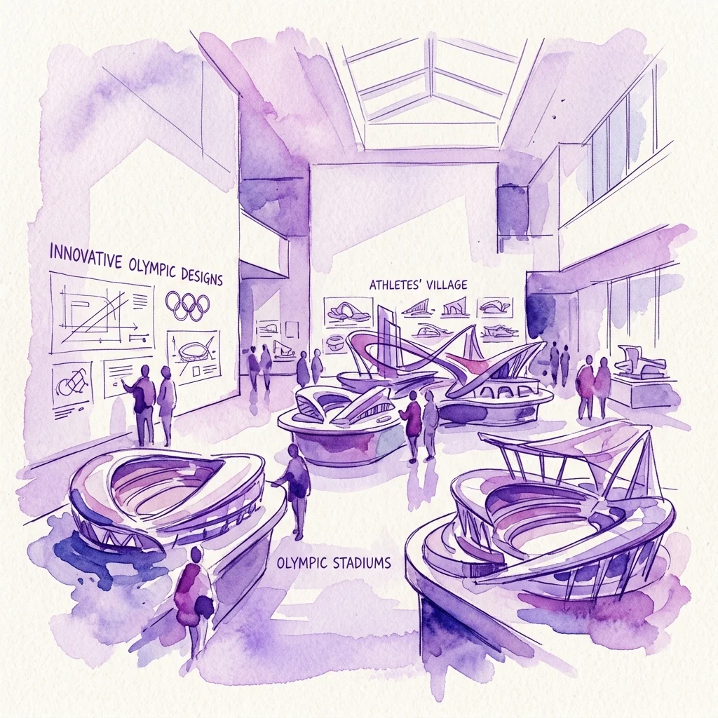 Een aquarelillustratie van een tentoonstelling over innovatieve Olympische architectuur, met modellen van stadions, ontwerpen voor dorpen van atleten en blauwdrukken, terwijl bezoekers de tentoongestelde werken bekijken.
