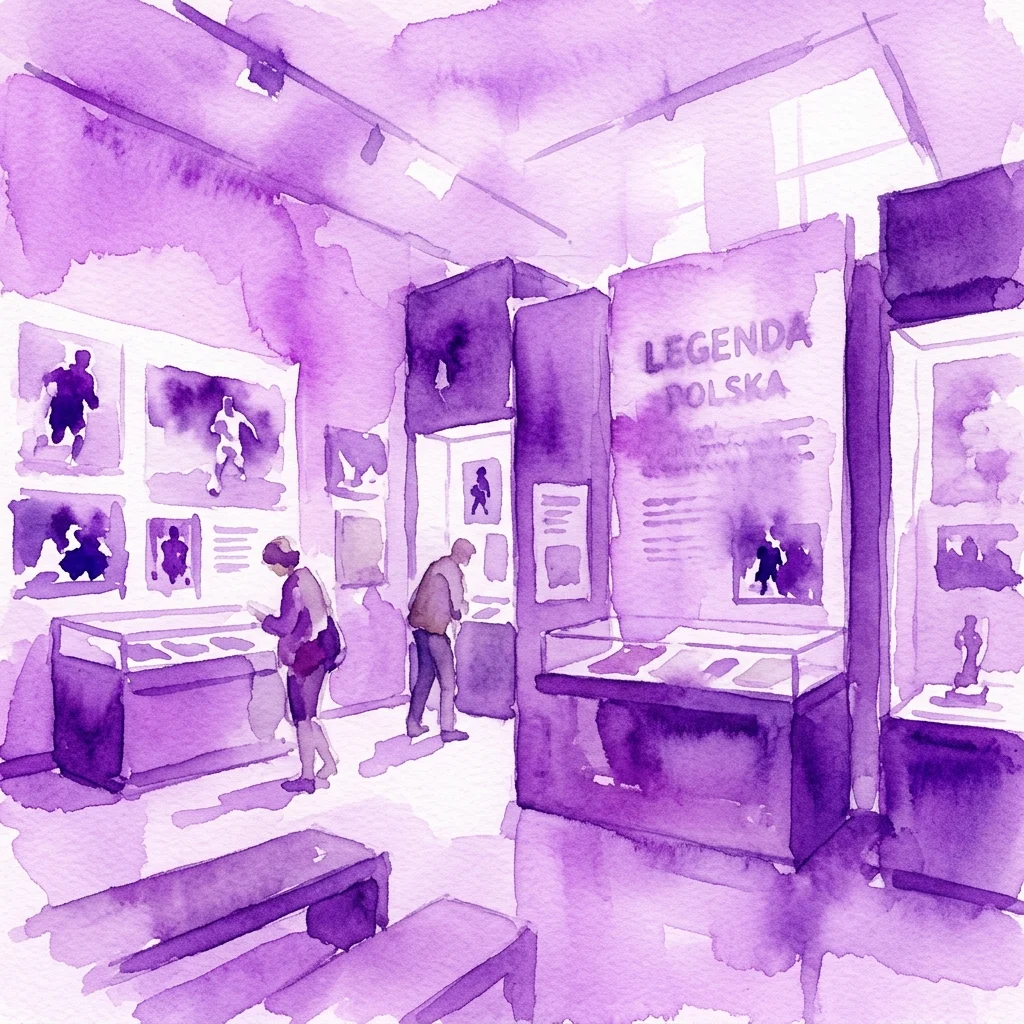 Een aquarelillustratie van een museumtentoonstelling in paarse tinten, met vitrines, foto's en een bord met de tekst 'LEGENDA POLSKA', terwijl bezoekers de tentoongestelde werken bekijken.