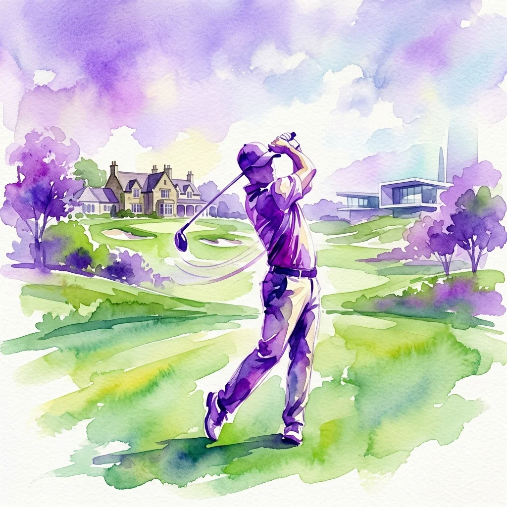 Een aquarelillustratie van een golfer in volle zwaai op een weelderige groene golfbaan, met een klassiek clubhuis en moderne architectuur op de achtergrond, die de nalatenschap en de toekomst van golf symboliseert.