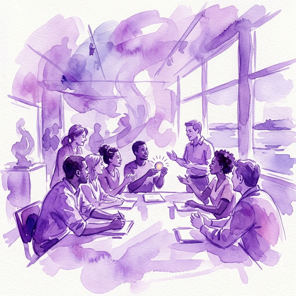 Een aquarelillustratie van diverse personen in een vergadering, discussiërend en samenwerkend aan een tafel, met een medaille en een gloeiend idee als symbool voor prestatie en innovatie, gesitueerd in een museumomgeving.