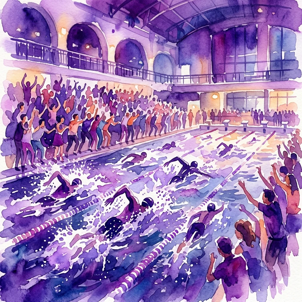 Ilustracja akwarelowa pływaków rywalizujących w nocnym, halowym wyścigu pływackim na maraton, z kibicami dopingującymi z brzegu basenu w dużym obiekcie wodnym.