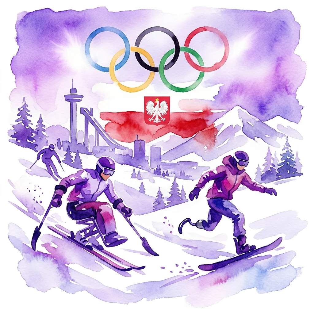Ilustracja akwarelowa przedstawiająca paraolimpijczyków narciarzy i snowboardzistów w zimowym krajobrazie, z pierścieniami olimpijskimi, polską flagą i godłem narodowym, upamiętniająca XII Zimowe Igrzyska Paraolimpijskie w PyeongChang 2018.