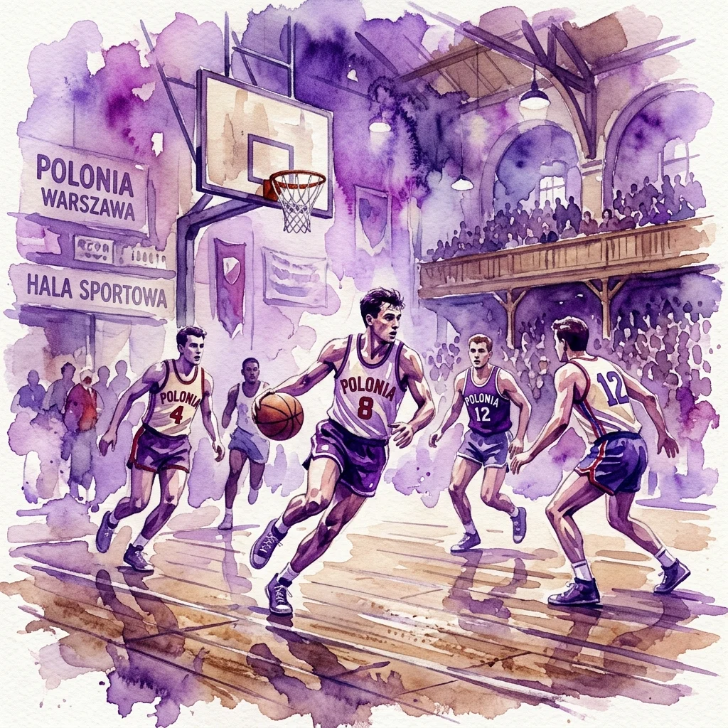 Watercolor illustration of a vintage basketball game featuring Polonia Warszawa players in action at Hala Sportowa, commemorating 100 years of the club's basketball history.