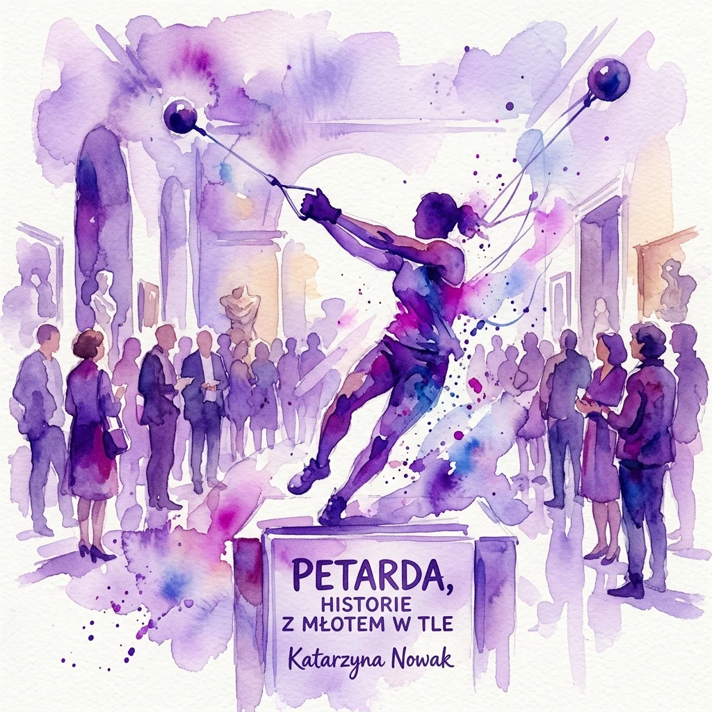 Ilustracja akwarelowa młociarza w akcji podczas premiery książki Katarzyny Nowak 'Petarda, historie z młotem w tle', z uczestnikami w galerii muzealnej.