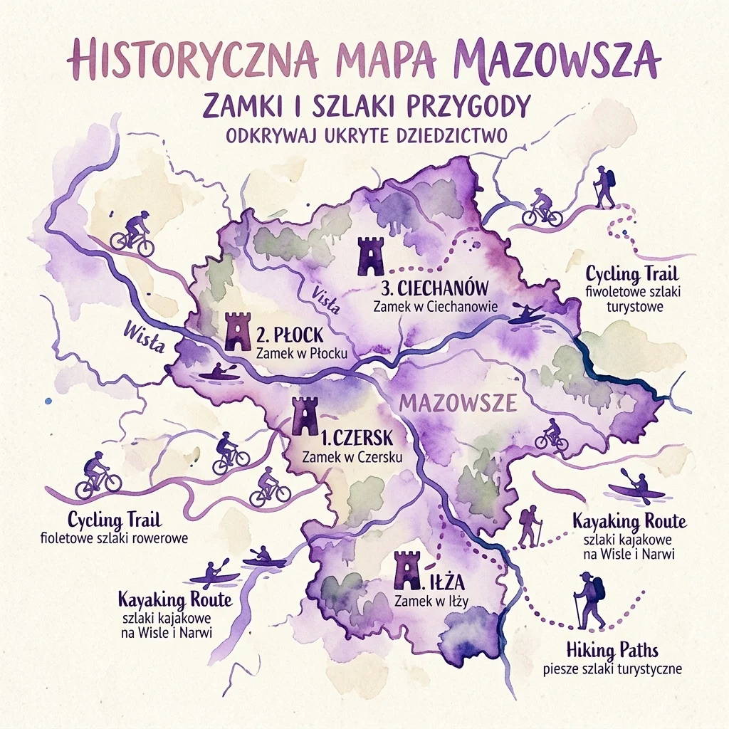 Mapa histórico de la región de Mazovia destacando cuatro fortalezas góticas: Ciechanów, Płock, Czersk e Iłża, con senderos ilustrados para ciclismo, kayak y senderismo a su alrededor.