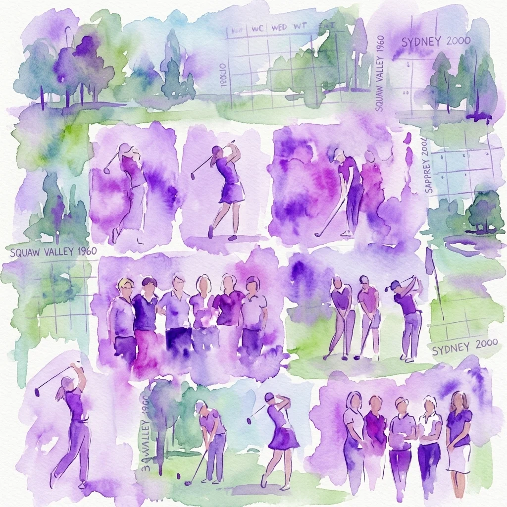 Waterverfcollage met vrouwelijke golfers in actie en groepsfoto's, tegen een achtergrond van een golfbaan met elementen van een kalenderraster en evenementnamen zoals 'Squaw Valley 1960' en 'Sydney 2000'.