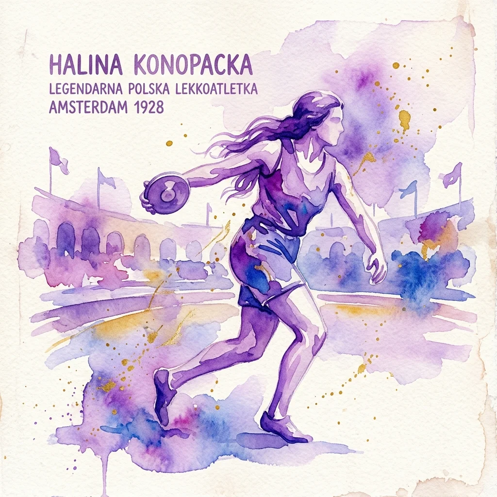 Ilustración en acuarela de Halina Konopacka, una legendaria atleta polaca, en una pose dinámica de lanzamiento de disco, con texto que destaca su victoria con medalla de oro olímpica en Ámsterdam en 1928.