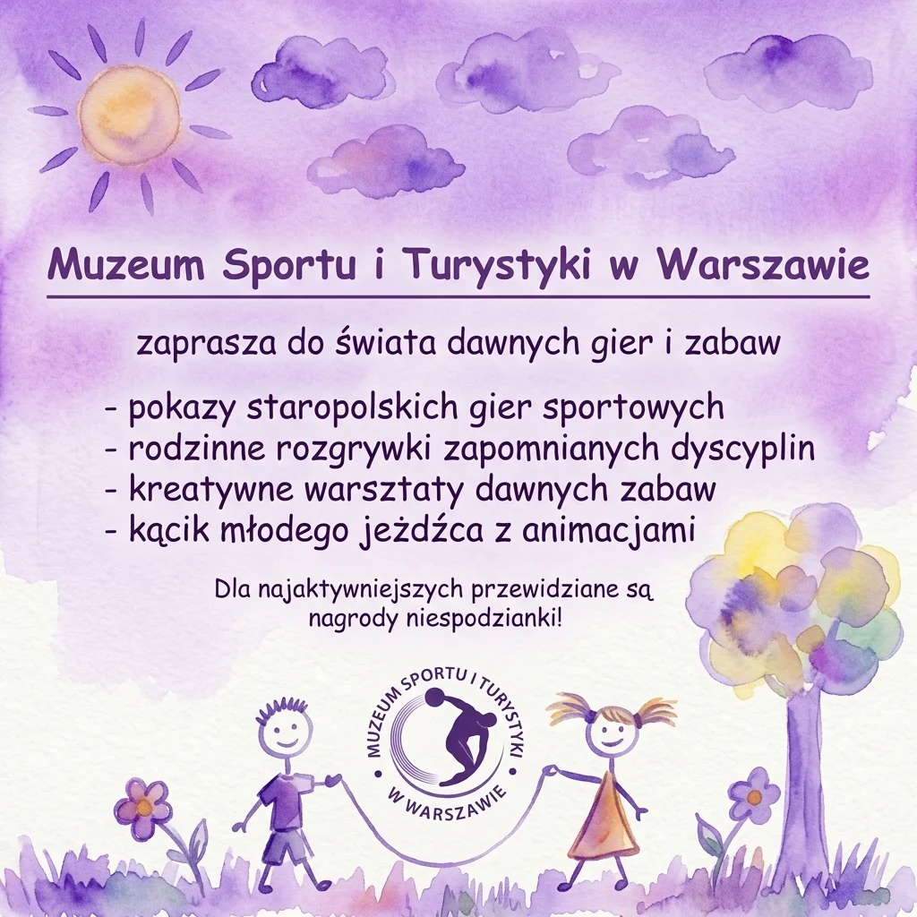 Ilustracja akwarelowa dzieci bawiących się skakanką pod słonecznym niebem, promująca wydarzenie Piknik Olimpijski Muzeum Sportu i Turystyki w Warszawie z tradycyjnymi polskimi grami i zabawami.