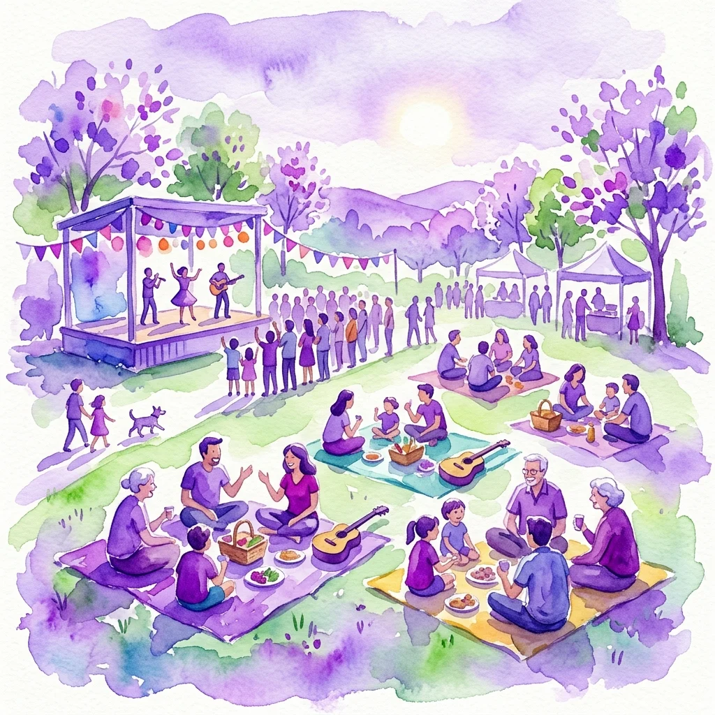 Ilustracja akwarelowa rodzinnego pikniku w parku, z ludźmi w każdym wieku cieszącymi się jedzeniem, muzyką i zajęciami na kocach, pod niebem o fioletowym zabarwieniu ze sceną do występów.